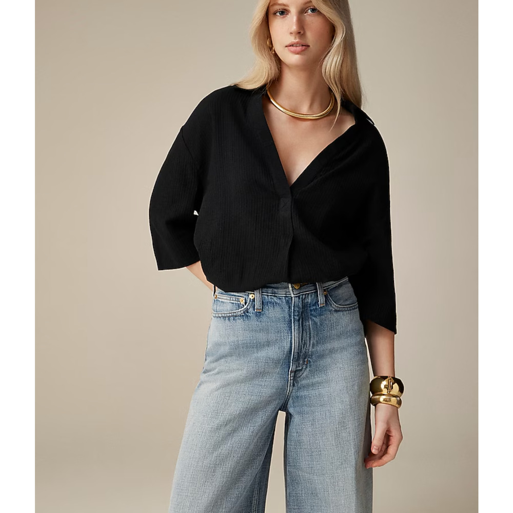J Crew Popover Shirt L Black NWT Airy Gauze Blouse Top Women's BX628 J.CREW